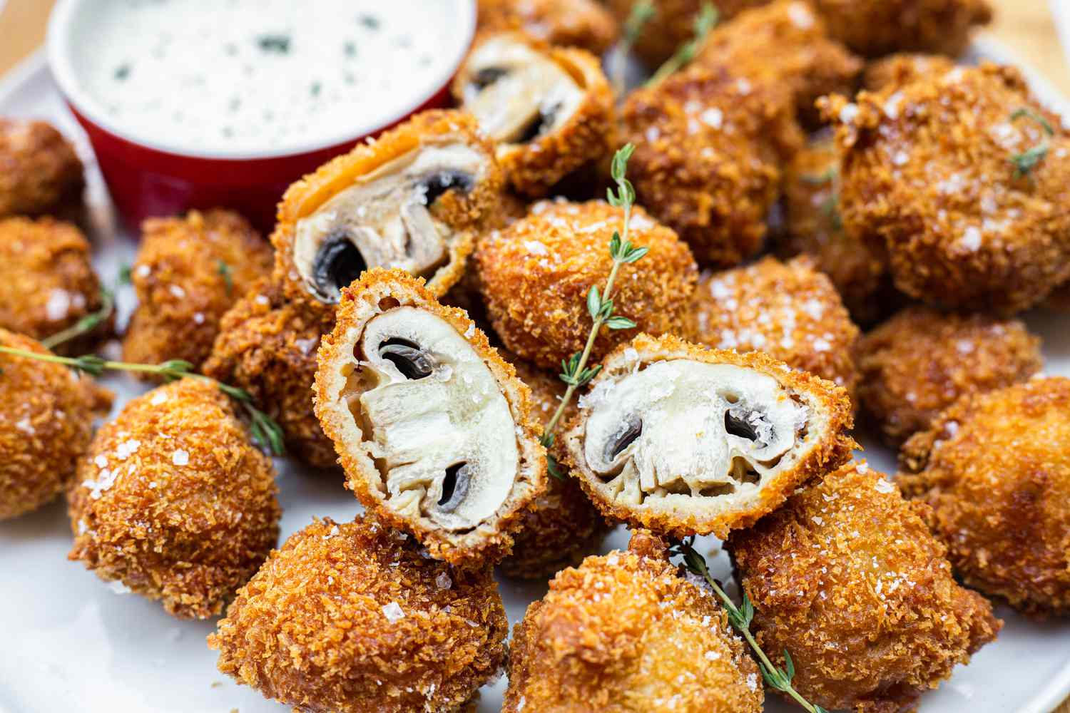 Fried Mushrooms Served with a Bowl of Dipping Sauce