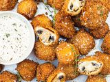 Fried Mushrooms Served with a Bowl of Dipping Sauce