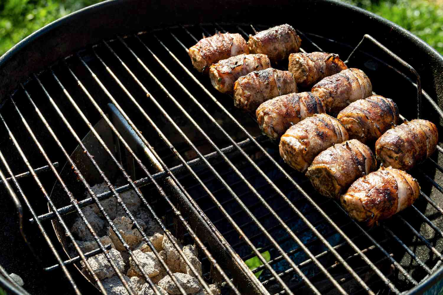 Bacon-Wrapped Salmon on Grill for Grilled Bacon-Wrapped Salmon Bites with Lemon Garlic Mayo