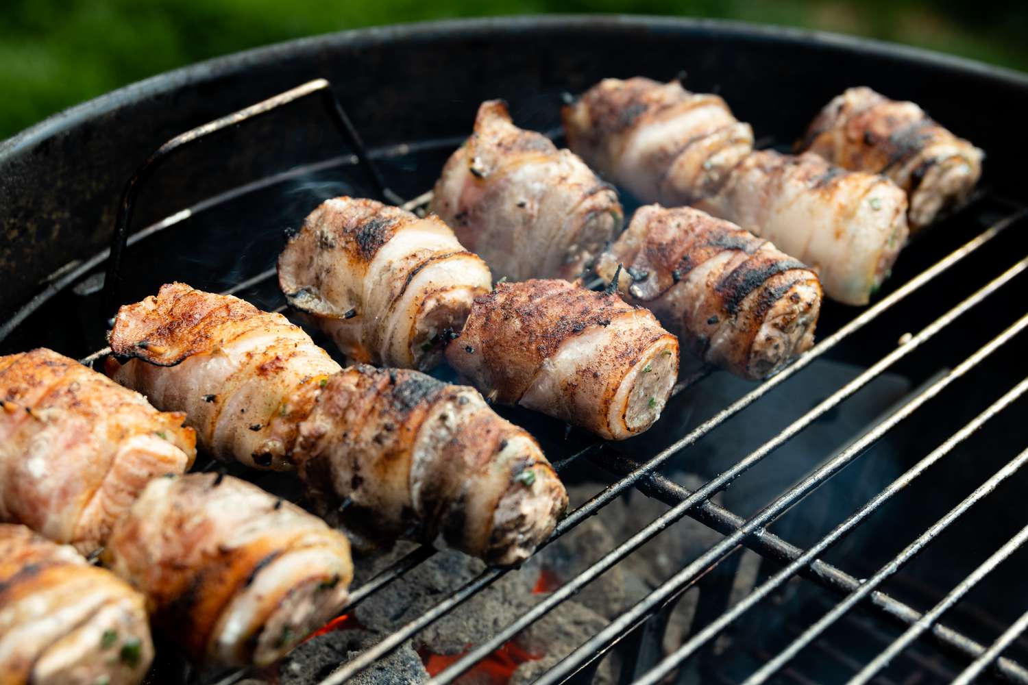 Bacon-Wrapped Salmon on Grill for Grilled Bacon-Wrapped Salmon Bites with Lemon Garlic Mayo