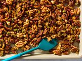 overhead view of Classic Mixed Nuts on a sheet pan