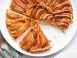 Pear cake on a white plate.