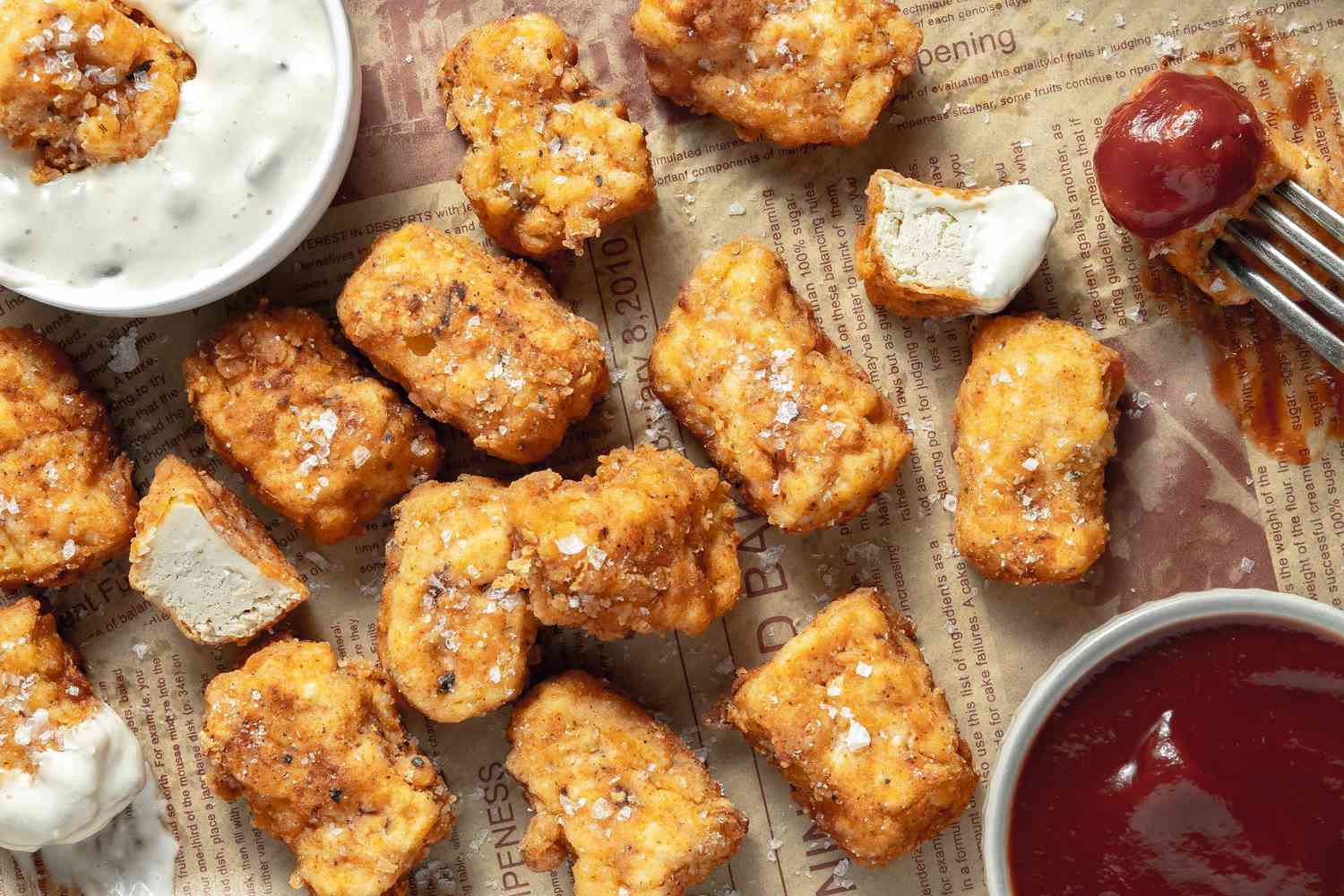 Vegan Chicken Nuggets Sprinkled with Salt Flakes on a Newspaper with Two Bowls of Sauces 