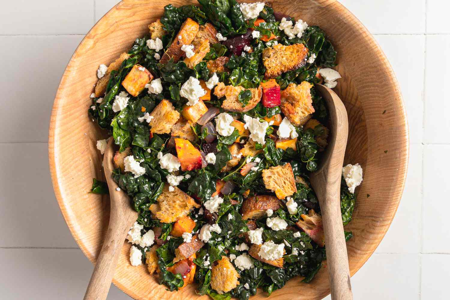 Roasted Root Vegetable Panzanella Ingredients Mixed Together in a Bowl