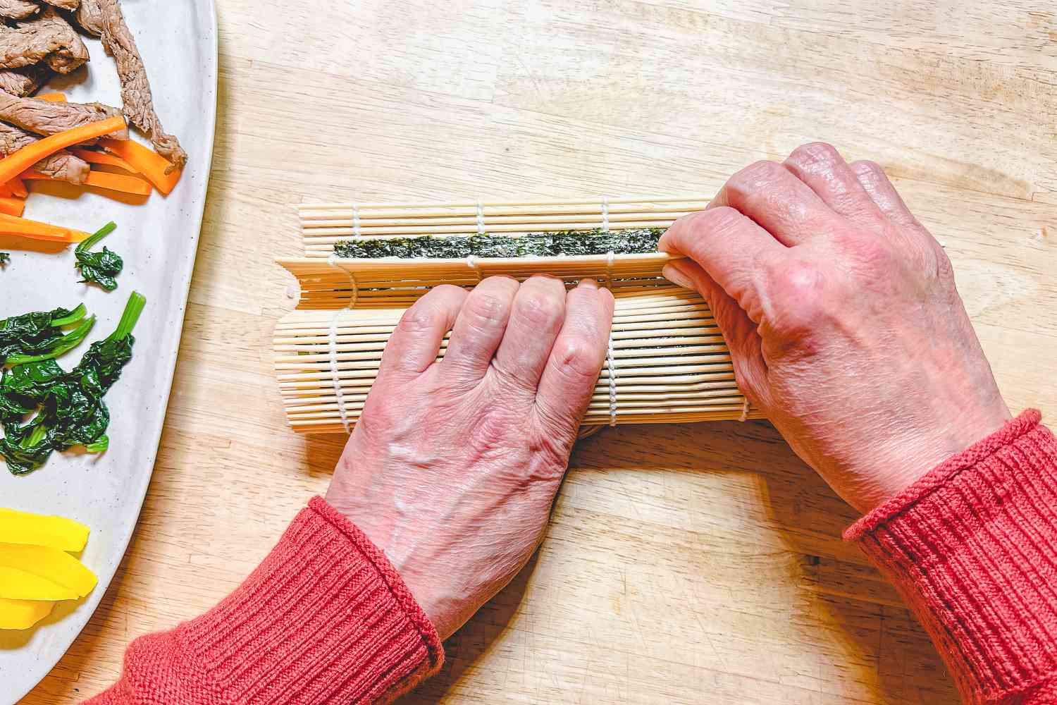 Classic Kimbap with Filling Rolled Using Sushi Roller