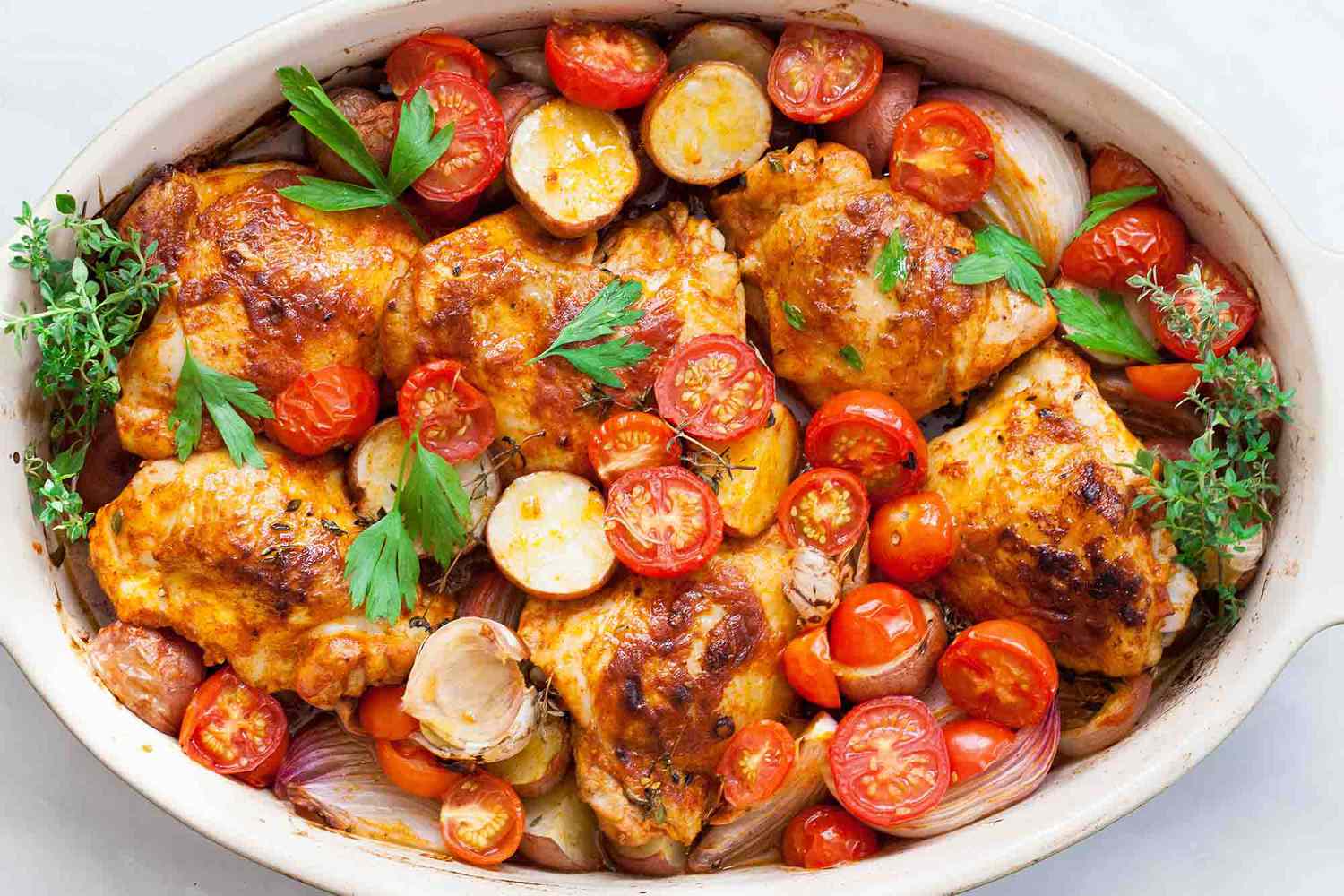 Poulet Paprika et Pommes de Terre avec Tomates dans un plat de cuisson