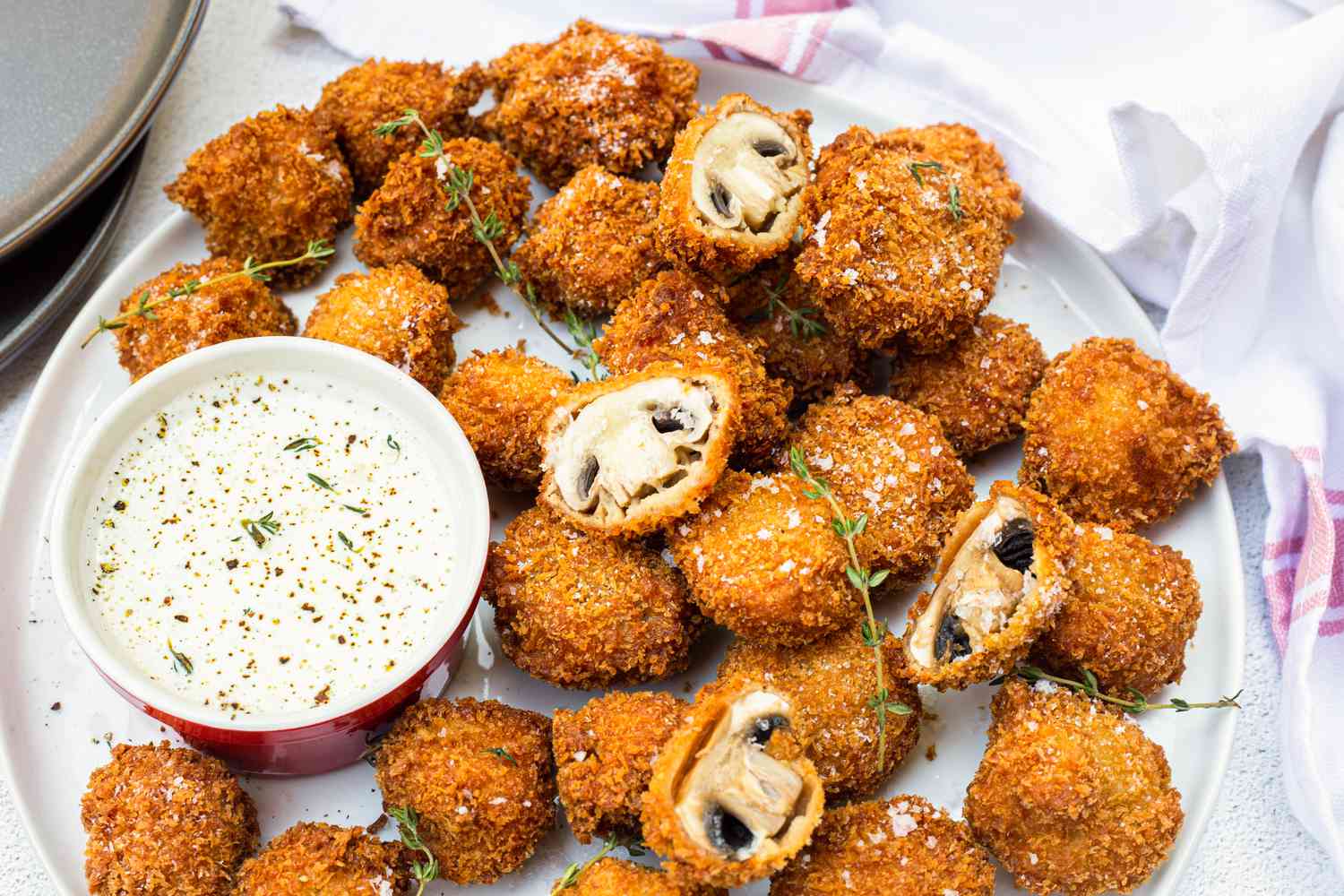 Fried Mushrooms Served with a Bowl of Dipping Sauce